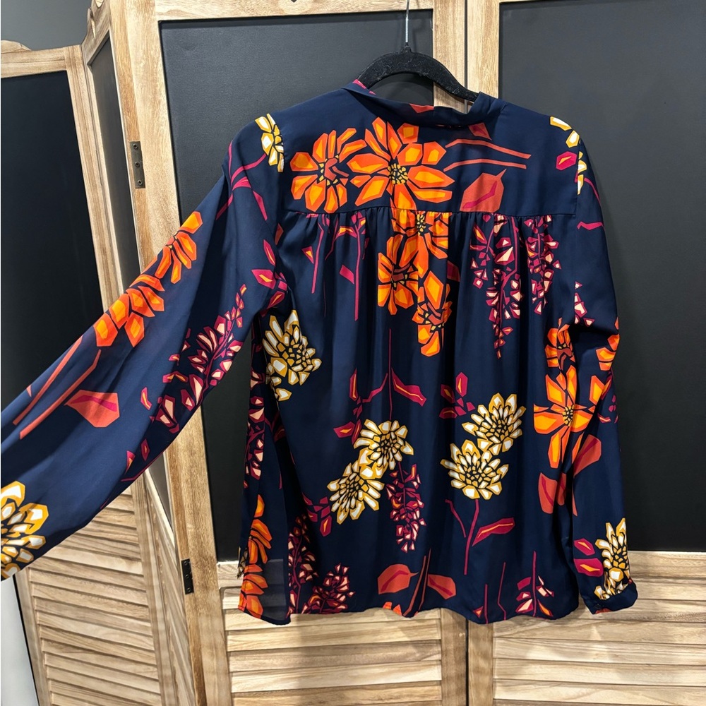 STYLUS Navy Floral Tie-Neck Blouse with Orange & Pink Blooms - Picture 4 of 5